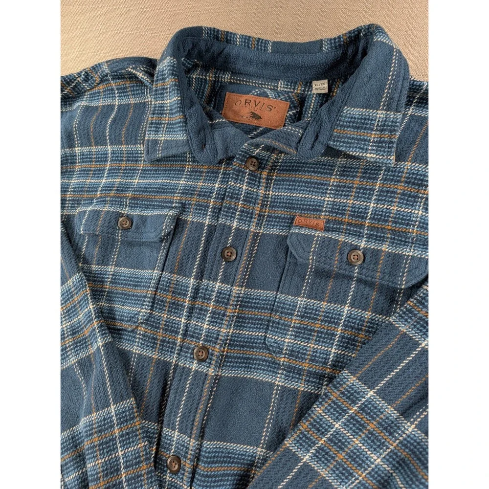 Orvis Mens Blue Plaid Flannel Shirt Jacket Fleece Lined Collar XL Cotton Shacket